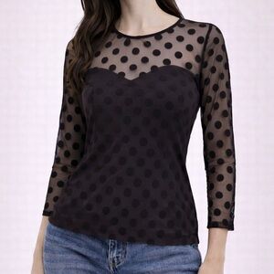 Guess Black Polka Dot Mesh Long Sleeve Top XS